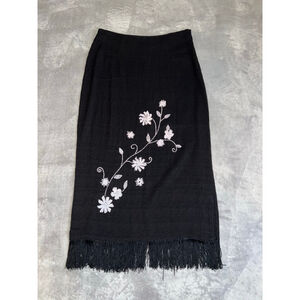 VTG Beaded Fringe Black Maxi Skirt with White Florals Size 10